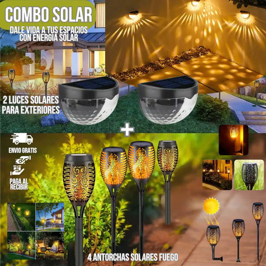 COMBO SOLAR 4 ANTORCHAS + 2 LUCES LED SOLARES